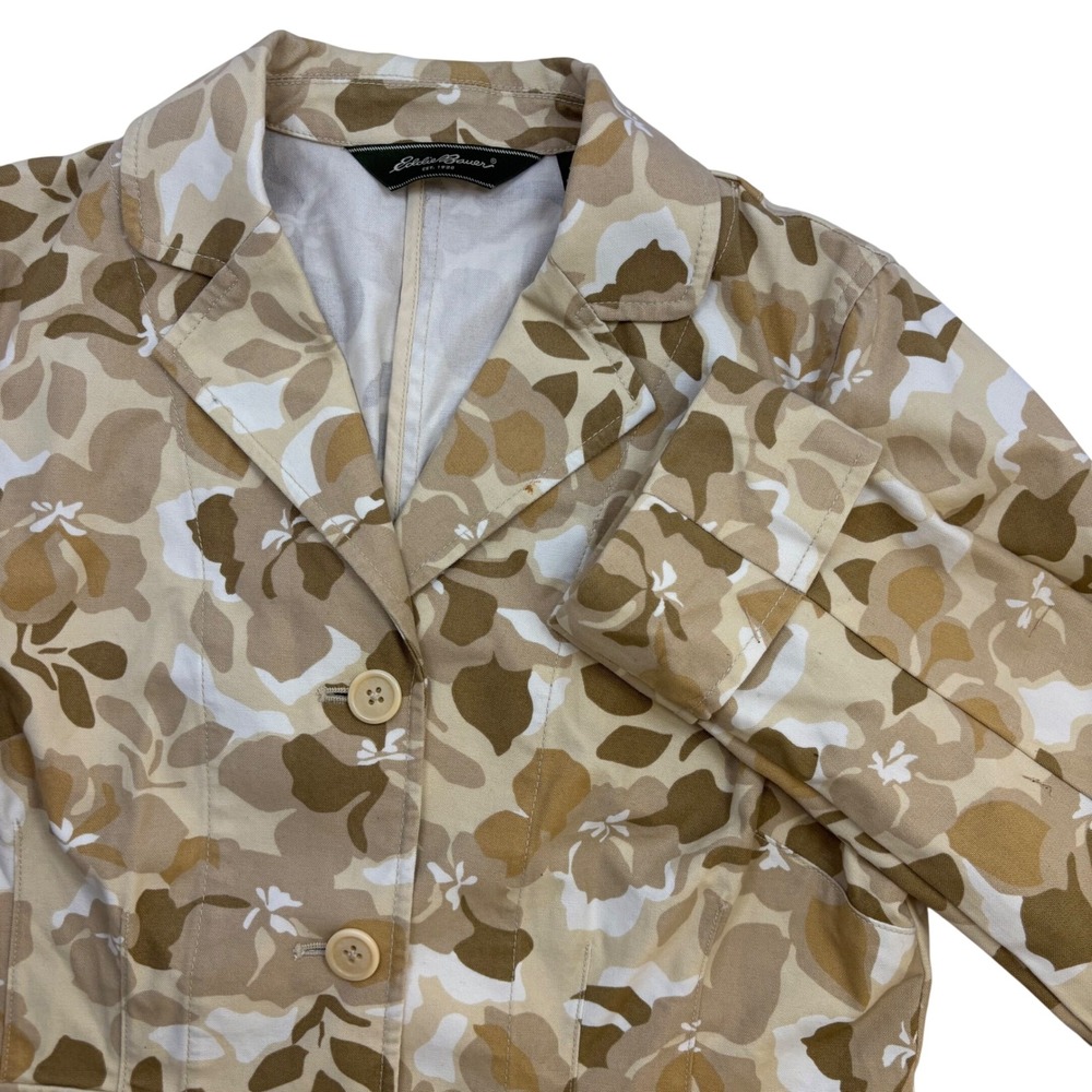 Eddie Bauer Womens Floral Camo Cotton Blazer Jacket Tan Beige Petite 6